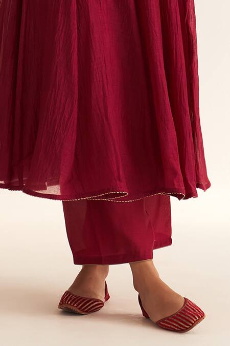 Dot_Red Chanderi , Organza, Cotton, Embroidery Amal Deep Anarkali Pant Set _Online_at_Aza_Fashions