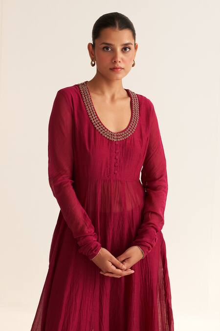 Buy_Dot_Red Chanderi , Organza, Cotton, Embroidery Amal Deep Anarkali Pant Set _Online_at_Aza_Fashions