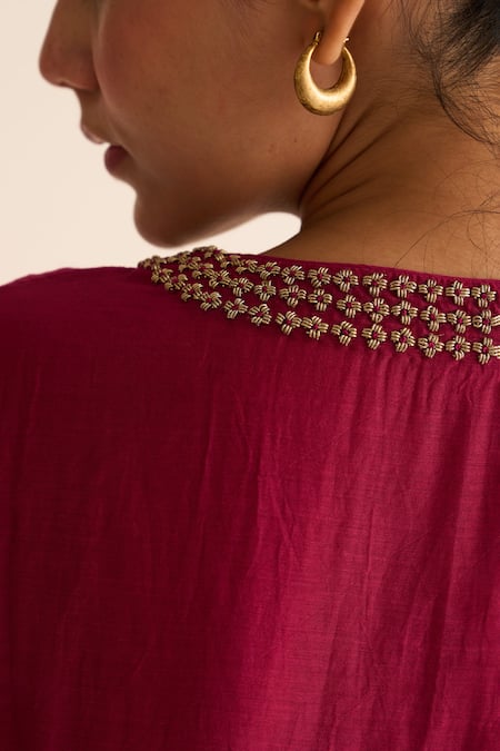 Shop_Dot_Red Chanderi , Organza, Cotton, Embroidery Amal Deep Anarkali Pant Set _Online_at_Aza_Fashions