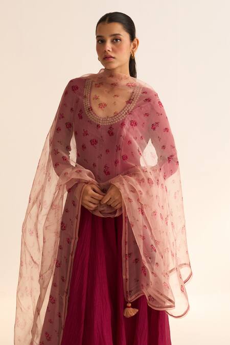 Dot_Red Chanderi , Organza, Cotton, Embroidery Amal Deep Anarkali Pant Set _at_Aza_Fashions