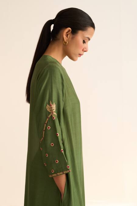 Shop_Dot_Green Cotton, Silk Embroidery Round Ambily Resham And Zari Work Kurta & Pant Set _Online_at_Aza_Fashions