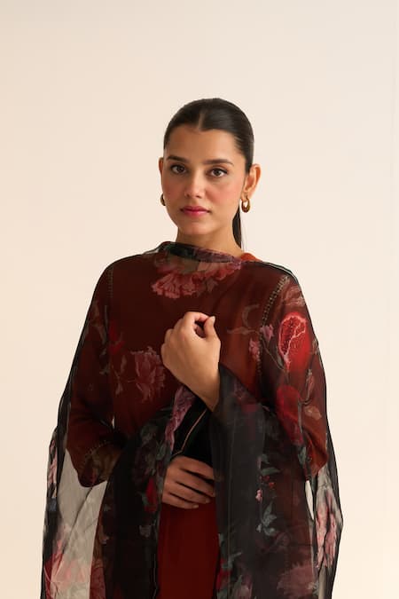 Shop_Dot_Black Organza Embroidery, Tassels Bloom Anaar Butta Dupatta _Online_at_Aza_Fashions