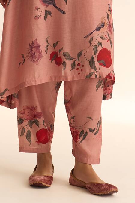 Dot_Pink Cotton, Silk Embroidery Round Neck Anaar Print Kurta And Pant Set _Online_at_Aza_Fashions