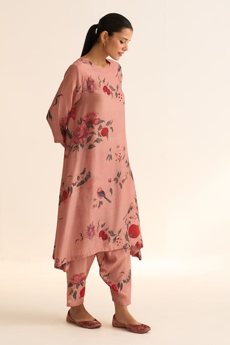 Buy_Dot_Pink Cotton, Silk Embroidery Round Neck Anaar Print Kurta And Pant Set _Online_at_Aza_Fashions