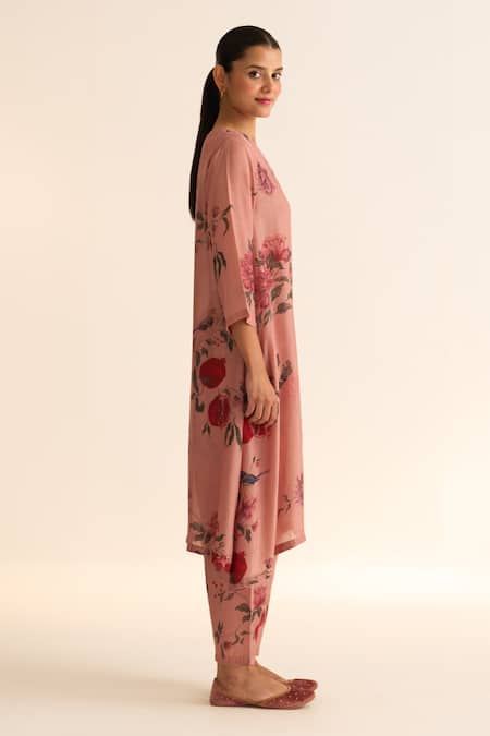 Shop_Dot_Pink Cotton, Silk Embroidery Round Neck Anaar Print Kurta And Pant Set _Online_at_Aza_Fashions