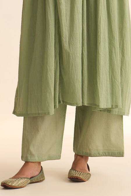 Dot_Green Cotton Embroidery V-neck Chinar Yoke Anarkali And Pant Set _Online_at_Aza_Fashions