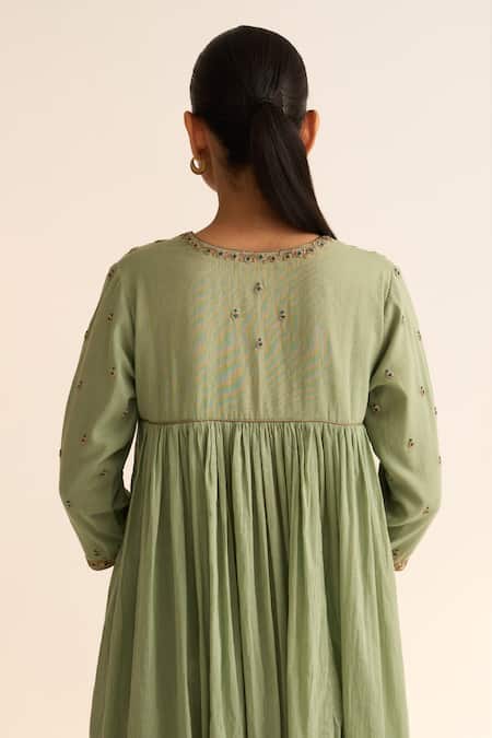 Shop_Dot_Green Cotton Embroidery V-neck Chinar Yoke Anarkali And Pant Set _Online_at_Aza_Fashions