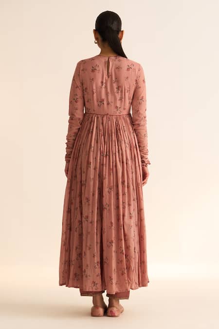 Dot Gathered Floral Print Anarkali 