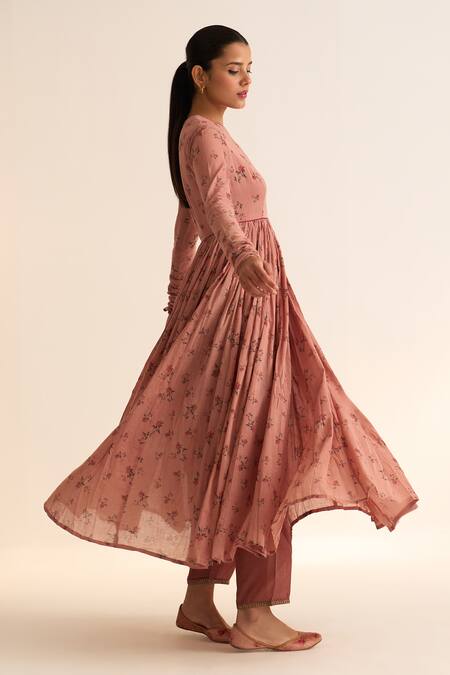 Dot_Pink Cotton Embroidery Round Neck Gathered Floral Print Anarkali _Online_at_Aza_Fashions