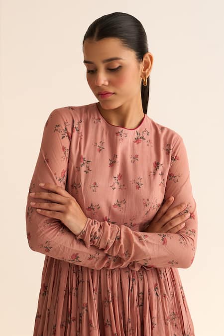 Buy_Dot_Pink Cotton Embroidery Round Neck Gathered Floral Print Anarkali _Online_at_Aza_Fashions