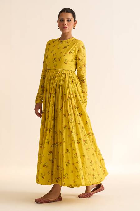 Dot_Yellow Cotton Embroidery Round Chintz Floral Print Ghoomar Anarkali And Pant Set _Online_at_Aza_Fashions