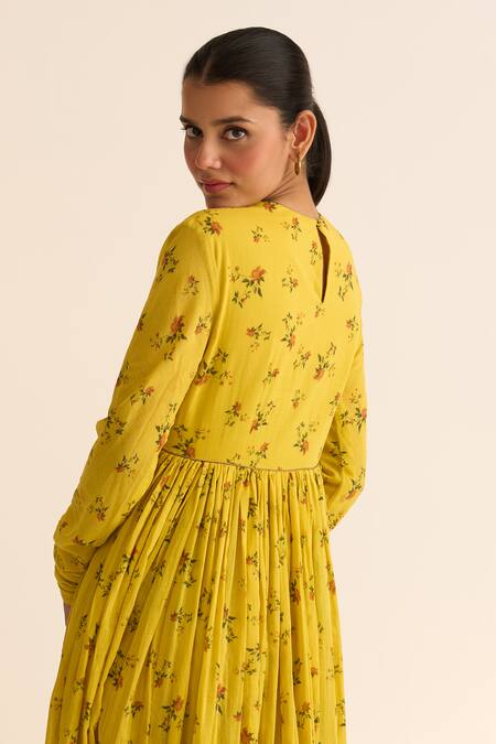 Buy_Dot_Yellow Cotton Embroidery Round Chintz Floral Print Ghoomar Anarkali And Pant Set _Online_at_Aza_Fashions