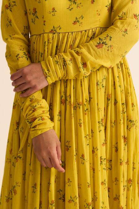 Shop_Dot_Yellow Cotton Embroidery Round Chintz Floral Print Ghoomar Anarkali And Pant Set _Online_at_Aza_Fashions