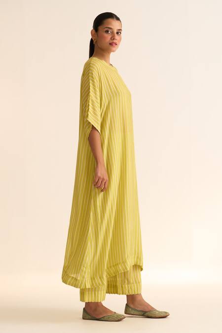 Dot_Yellow Cotton, Silk Beads Round Neck Dhari Print Kurta And Pant Set _Online_at_Aza_Fashions