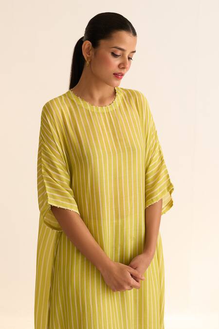 Buy_Dot_Yellow Cotton, Silk Beads Round Neck Dhari Print Kurta And Pant Set _Online_at_Aza_Fashions