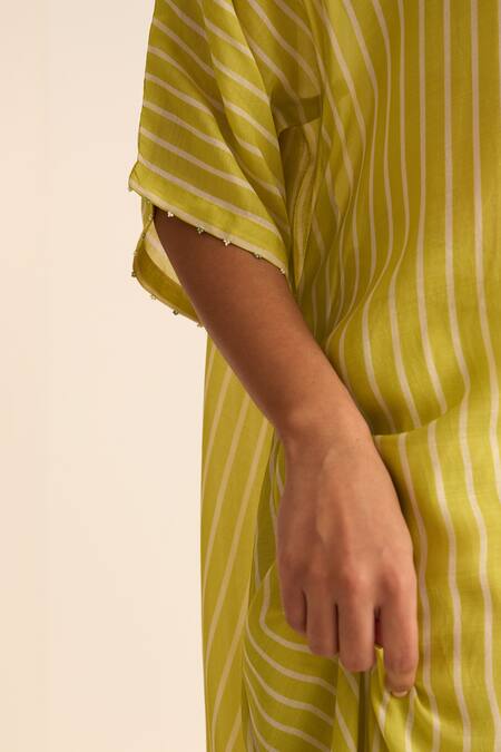 Shop_Dot_Yellow Cotton, Silk Beads Round Neck Dhari Print Kurta And Pant Set _Online_at_Aza_Fashions