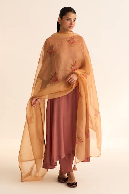 Dot Brown Organza Printed Floral Evani Dupatta