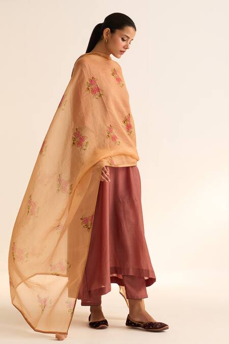 Dot_Brown Organza Embroidery Evani Floral Print Dupatta _Online_at_Aza_Fashions