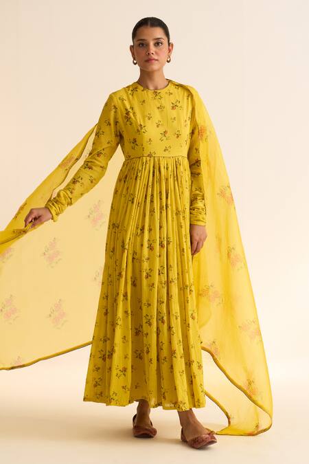 Dot_Yellow Organza Tassels Evani Floral Print Dupatta _Online_at_Aza_Fashions
