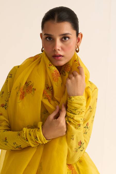 Buy_Dot_Yellow Organza Tassels Evani Floral Print Dupatta _Online_at_Aza_Fashions