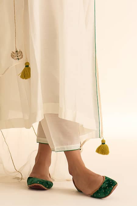Dot_Ivory Cotton, Silk Embroidery, Tassels Round Neck Firoz Plain Kurta Pant Set _Online_at_Aza_Fashions