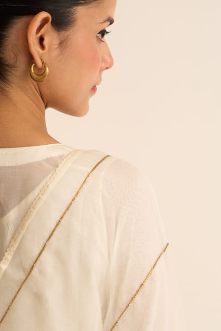 Buy_Dot_Ivory Cotton, Silk Embroidery, Tassels Round Neck Firoz Plain Kurta Pant Set _Online_at_Aza_Fashions