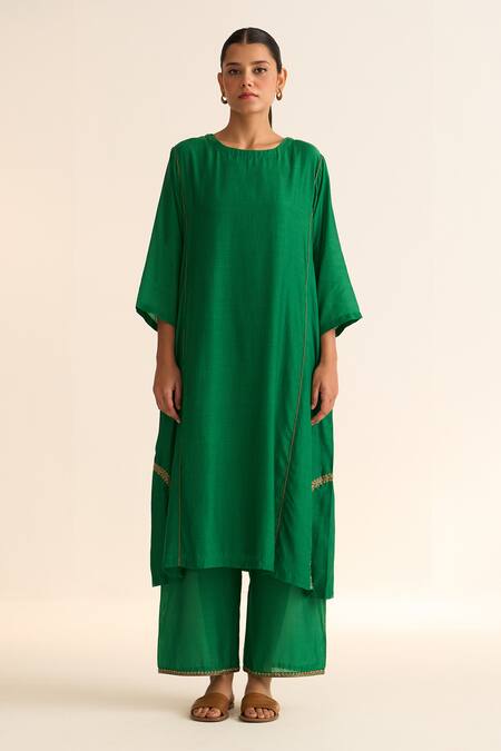 Dot_Green Chanderi, Cotton, Silk Embroidery, Piping, Mridini Dabka Kurta Pant Set _Online_at_Aza_Fashions