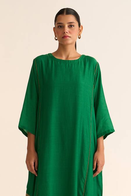 Buy_Dot_Green Chanderi, Cotton, Silk Embroidery, Piping, Mridini Dabka Kurta Pant Set _Online_at_Aza_Fashions