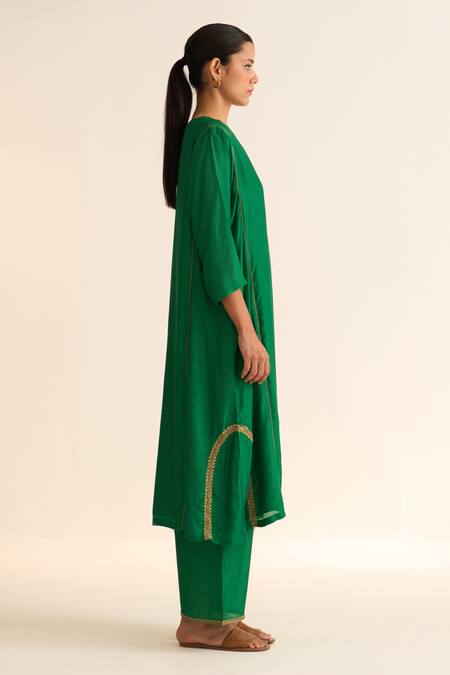 Shop_Dot_Green Chanderi, Cotton, Silk Embroidery, Piping, Mridini Dabka Kurta Pant Set _Online_at_Aza_Fashions