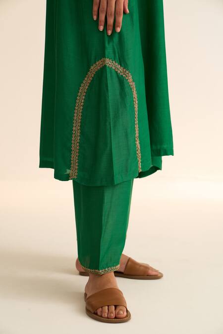 Dot_Green Chanderi, Cotton, Silk Embroidery, Piping, Mridini Dabka Kurta Pant Set _at_Aza_Fashions