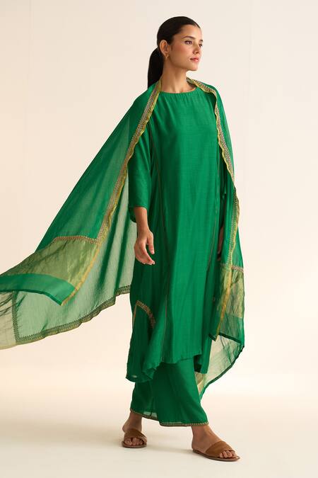 Buy_Dot_Green Chanderi, Cotton, Silk Embroidery, Piping, Mridini Dabka Kurta Pant Set 
