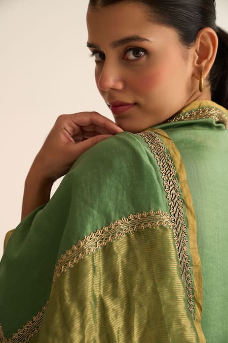 Dot_Green Chanderi Diamonds Mridini Zari Border Dupatta _Online_at_Aza_Fashions
