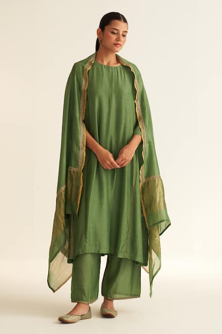 Dot Green Cotton Silk Embroidered Dabka Round Mridini Vine Kurta Pant Set