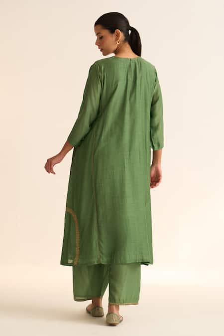 Shop Dot Green Chanderi, Cotton Embroidery, Piping Round Mridini Vine Kurta Pant Set at Aza Fashions Shop_Dot_Green Chanderi, Cotton Embroidery, Piping Round Mridini Vine Kurta Pant Set _at_Aza_Fashions