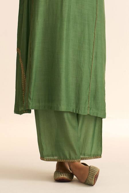 Buy Dot Green Chanderi, Cotton Embroidery, Piping Round Mridini Vine Kurta Pant Set Online at Aza Fashions Buy_Dot_Green Chanderi, Cotton Embroidery, Piping Round Mridini Vine Kurta Pant Set _Online_at_Aza_Fashions