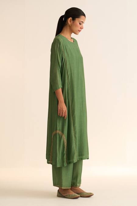 Shop Dot Green Chanderi, Cotton Embroidery, Piping Round Mridini Vine Kurta Pant Set Online at Aza Fashions Shop_Dot_Green Chanderi, Cotton Embroidery, Piping Round Mridini Vine Kurta Pant Set _Online_at_Aza_Fashions