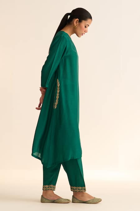 Dot_Green Cotton, Silk Embroidery Round Neck Mysa Placed Asymmetric Kurta With Pant _Online_at_Aza_Fashions