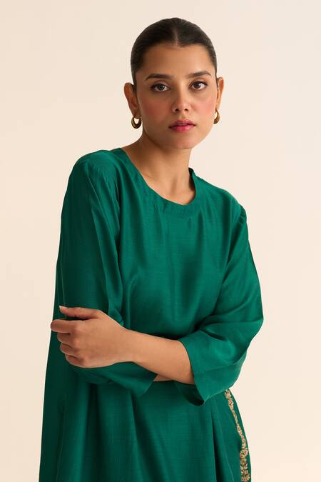 Shop_Dot_Green Cotton, Silk Embroidery Round Neck Mysa Placed Asymmetric Kurta With Pant _Online_at_Aza_Fashions