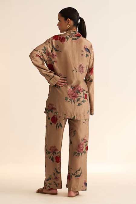 Shop Dot Beige Silk Embroidery Collared Nosh Anar Pattern Jacket With Pant at Aza Fashions Shop_Dot_Beige Silk Embroidery Collared Nosh Anar Pattern Jacket With Pant _at_Aza_Fashions