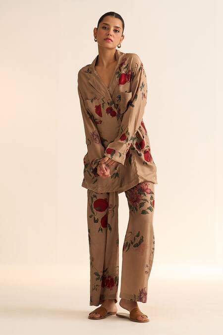 Buy Dot Beige Silk Embroidery Collared Nosh Anar Pattern Jacket With Pant Online at Aza Fashions Buy_Dot_Beige Silk Embroidery Collared Nosh Anar Pattern Jacket With Pant _Online_at_Aza_Fashions