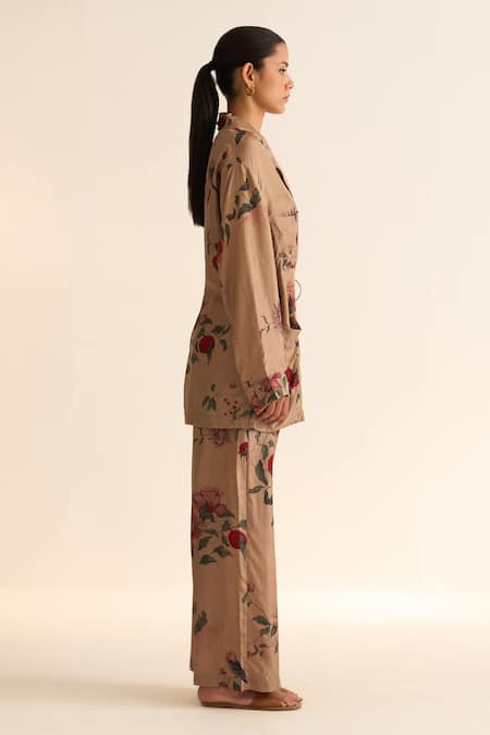 Shop Dot Beige Silk Embroidery Collared Nosh Anar Pattern Jacket With Pant Online at Aza Fashions Shop_Dot_Beige Silk Embroidery Collared Nosh Anar Pattern Jacket With Pant _Online_at_Aza_Fashions