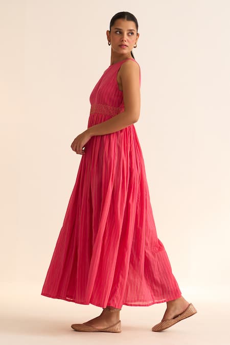 Dot_Pink Cotton Beads Round Neck Olena Stripe Pattern Anarkali _Online_at_Aza_Fashions