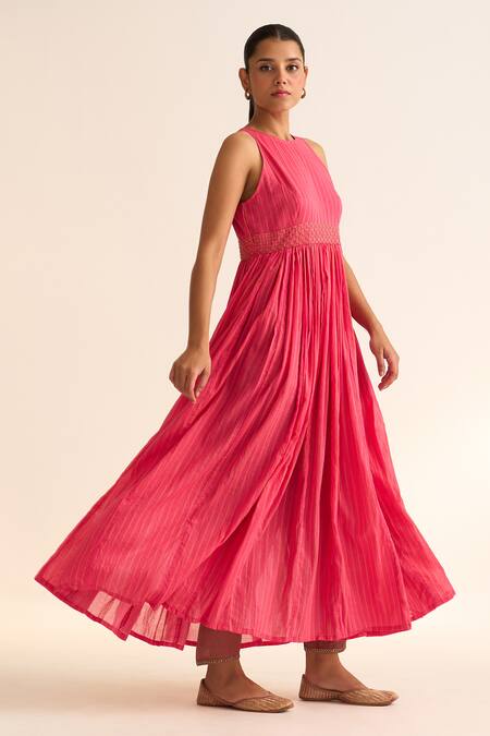 Buy_Dot_Pink Cotton Beads Round Neck Olena Stripe Pattern Anarkali _Online_at_Aza_Fashions