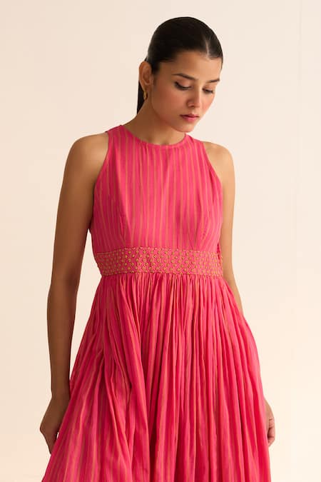 Shop_Dot_Pink Cotton Beads Round Neck Olena Stripe Pattern Anarkali _Online_at_Aza_Fashions