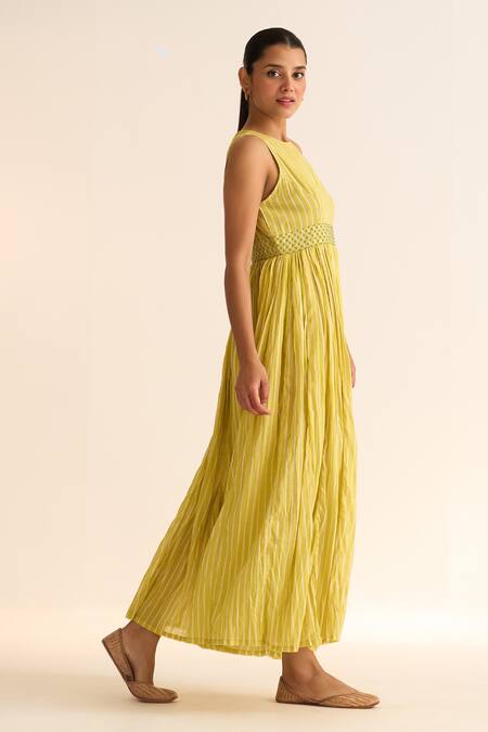 Dot_Yellow Cotton Beads Round Neck Olena Striped Embellished Anarkali _Online_at_Aza_Fashions