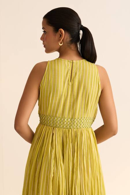 Buy_Dot_Yellow Cotton Beads Round Neck Olena Striped Embellished Anarkali _Online_at_Aza_Fashions