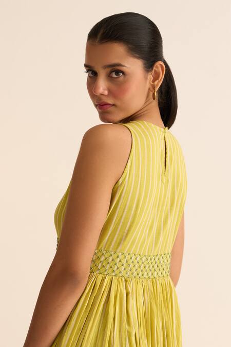 Shop_Dot_Yellow Cotton Beads Round Neck Olena Striped Embellished Anarkali _Online_at_Aza_Fashions