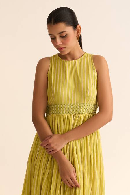 Dot_Yellow Cotton Beads Round Neck Olena Striped Embellished Anarkali _at_Aza_Fashions