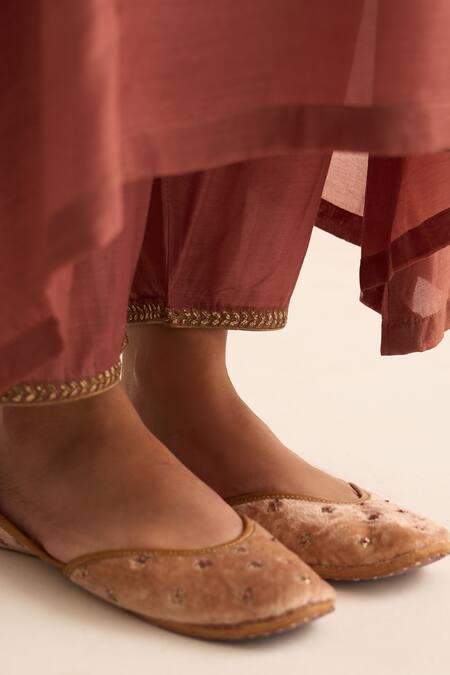 Shop_Dot_Pink Cotton, Silk Zari Round Neck Palash Asymmetric Hem Kurta With Pant _Online_at_Aza_Fashions