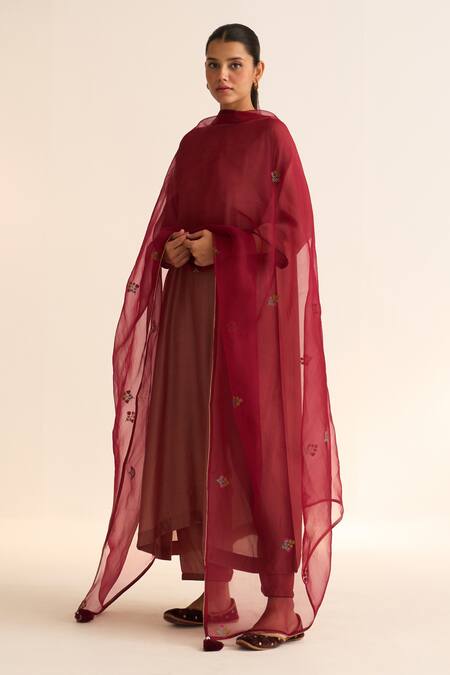 Dot_Red Organza Embroidery, Tassels Parisa Thread Dupatta _Online_at_Aza_Fashions
